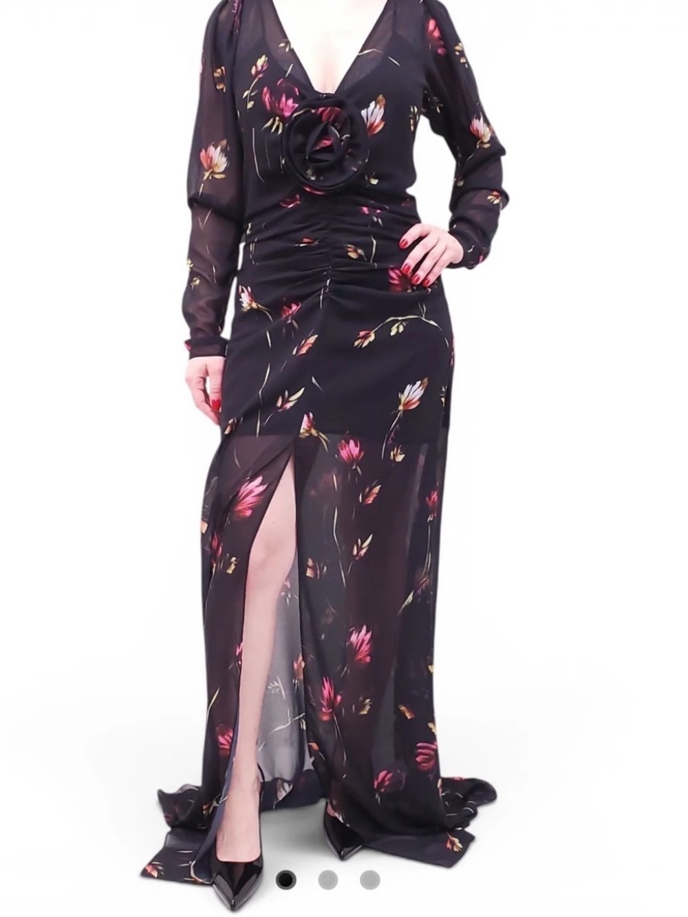 Black Floral V-Neck Long Sleeve Maxi Dress with Front Slit and Rosette Detail